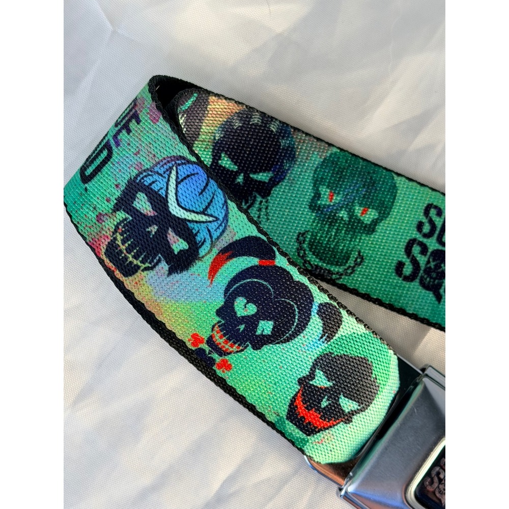 Buckle-Down Suicide Squad DC Comics Seatbelt Belt Teal Harley Quinn Joker Skulls - Picture 3 of 6